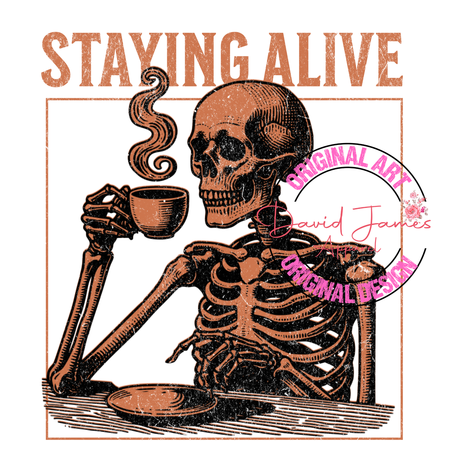 DIGITAL DOWNLOAD PNG | Staying alive orange | Black and white skeleton sketch