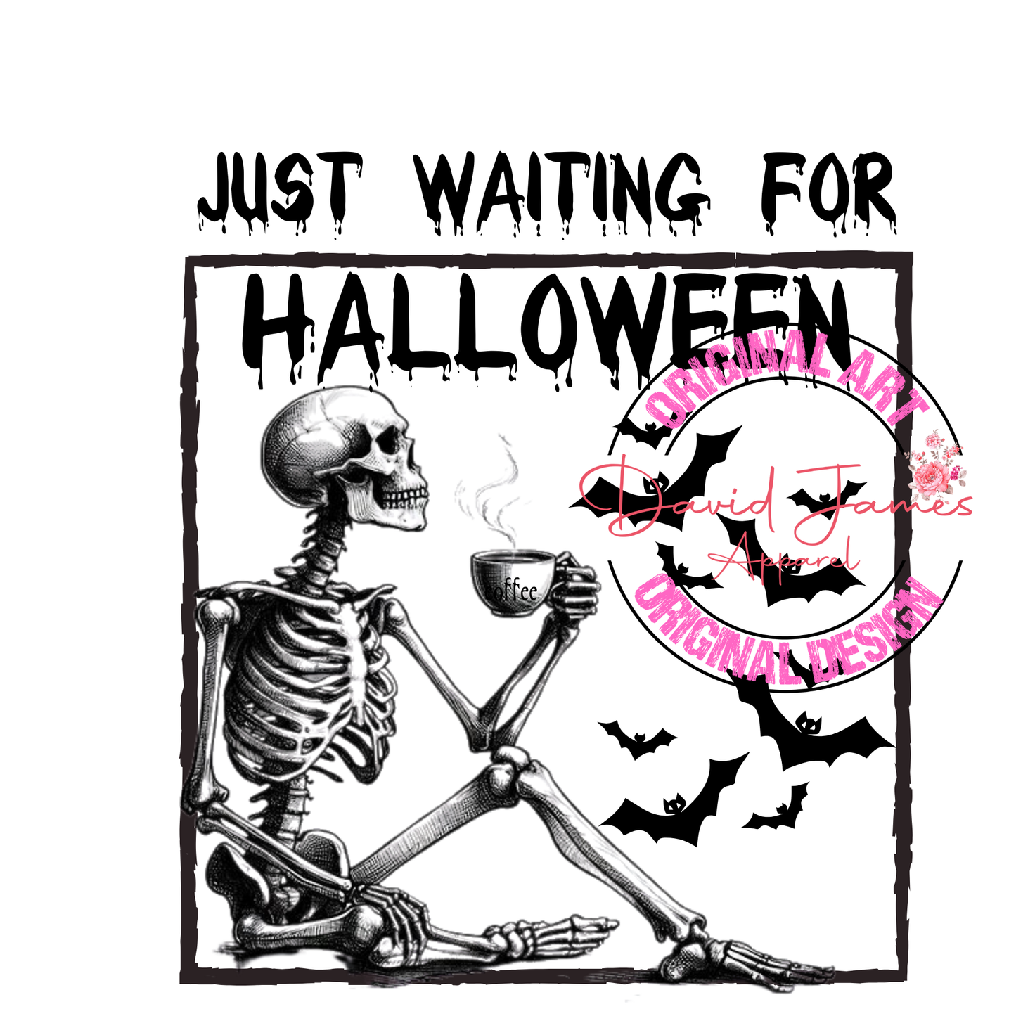 DIGITAL DOWNLOAD PNG | Just waiting for halloween | Black and white skeleton sketch