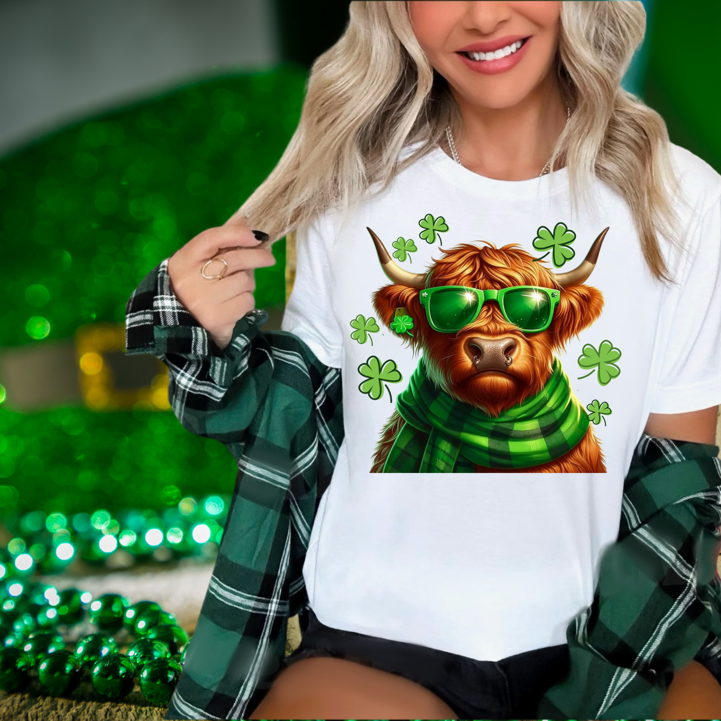 Highland cow wearing green glasses | St. Patricks Day themed | Direct to film transfer