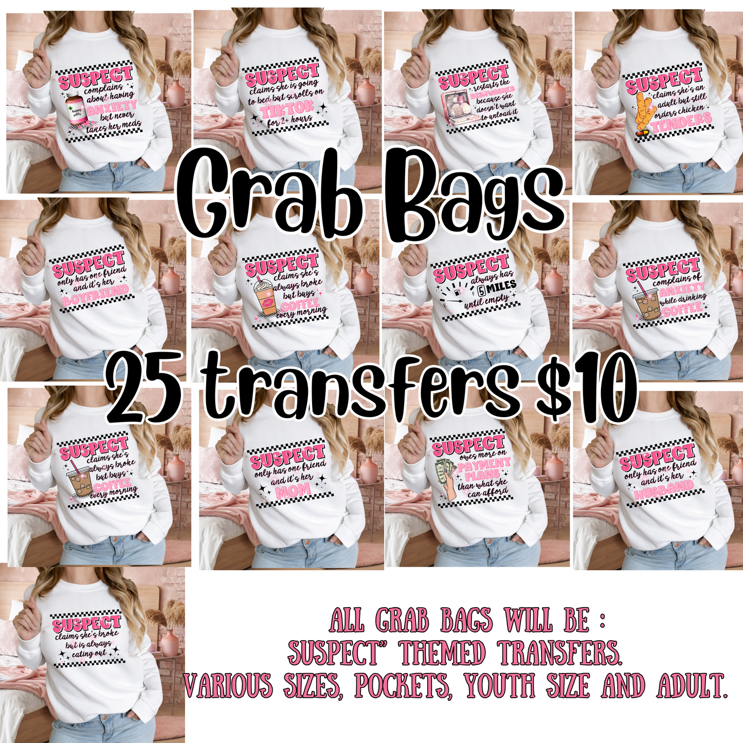 "SUSPECT" 25/$10 Grab Bags Transfers | De-stash | LIMITED Supply | NO RE-STOCK