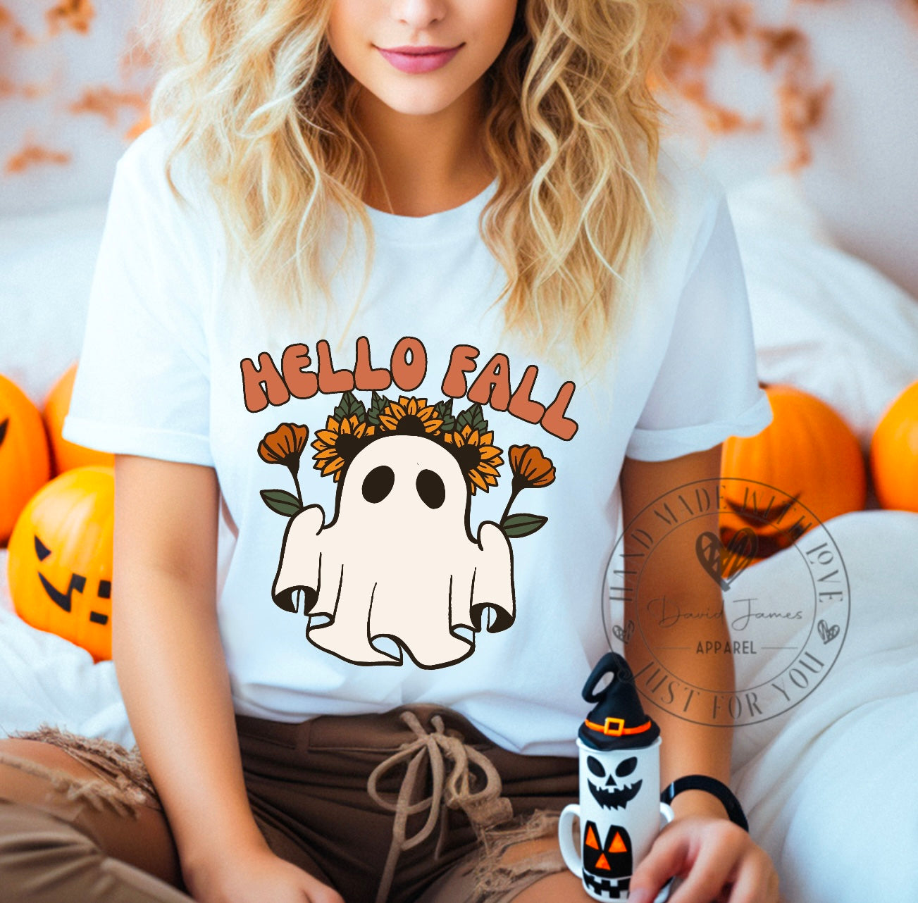 Hello Fall Ghost with retro flowers | Direct To Film Transfer |DTF