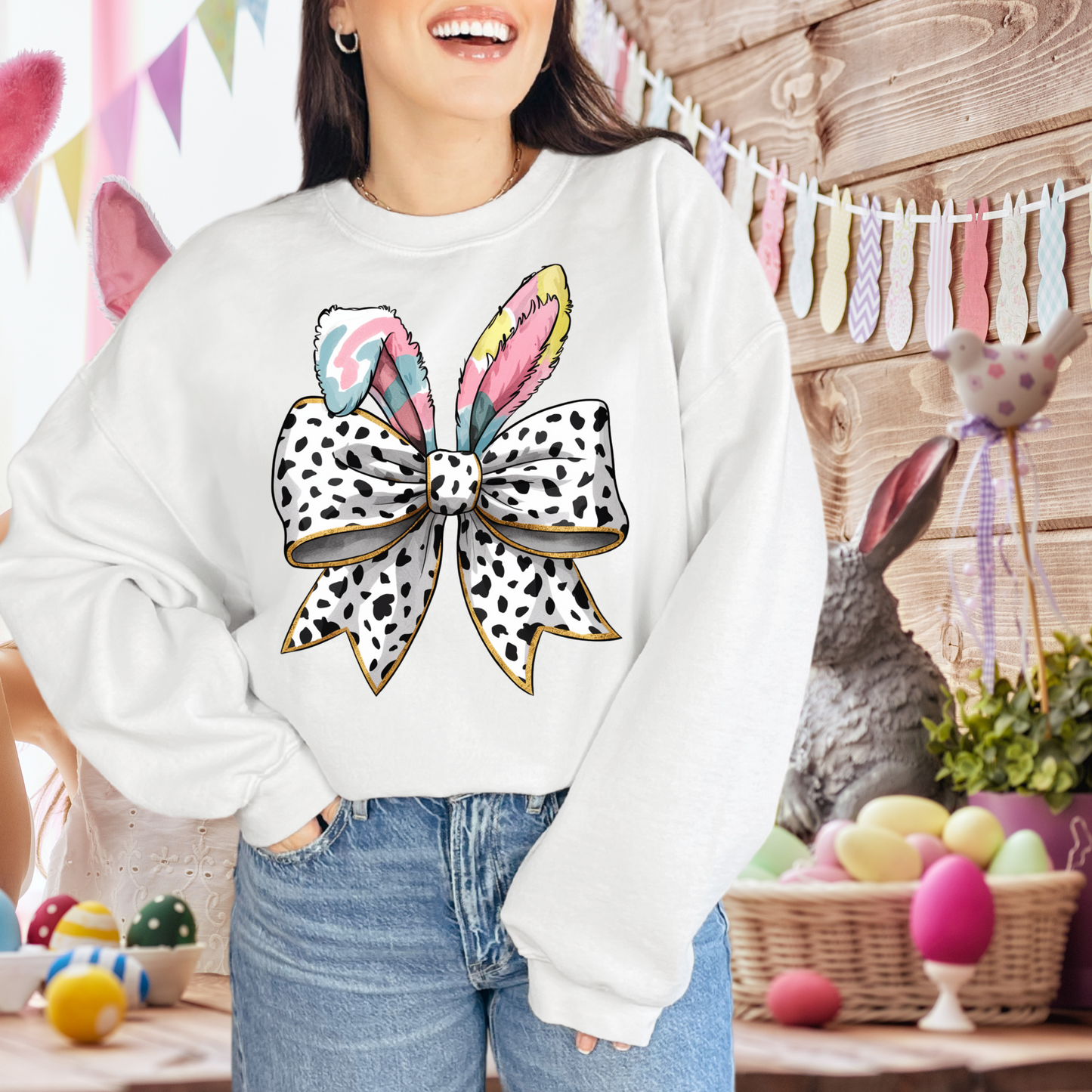 White coquette bow, black specks with bunny ears | EASTER | Direct to film transfer