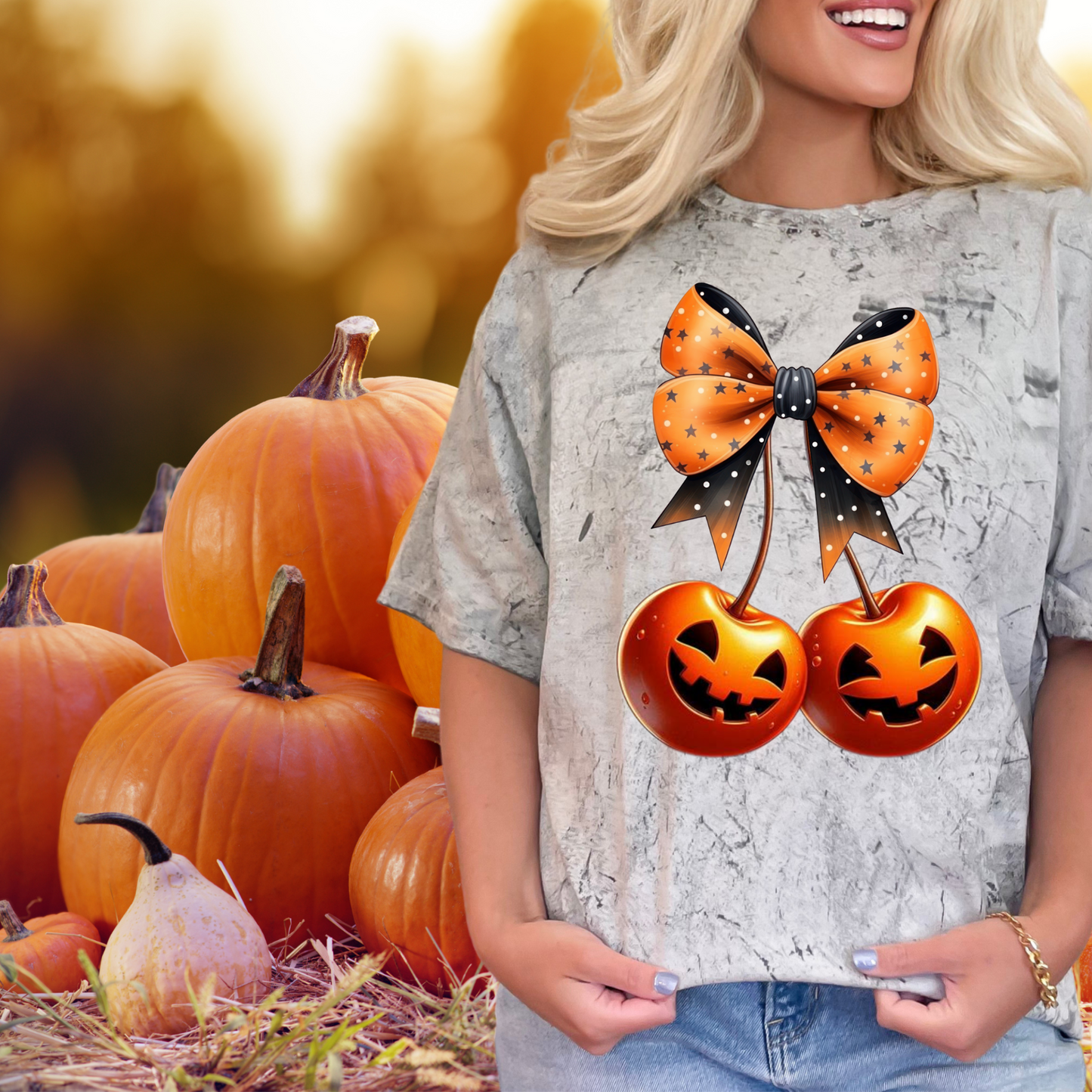 Cherries with pumpkin faces| fall Bows and cherries for fall | Direct to film transfer | DTF