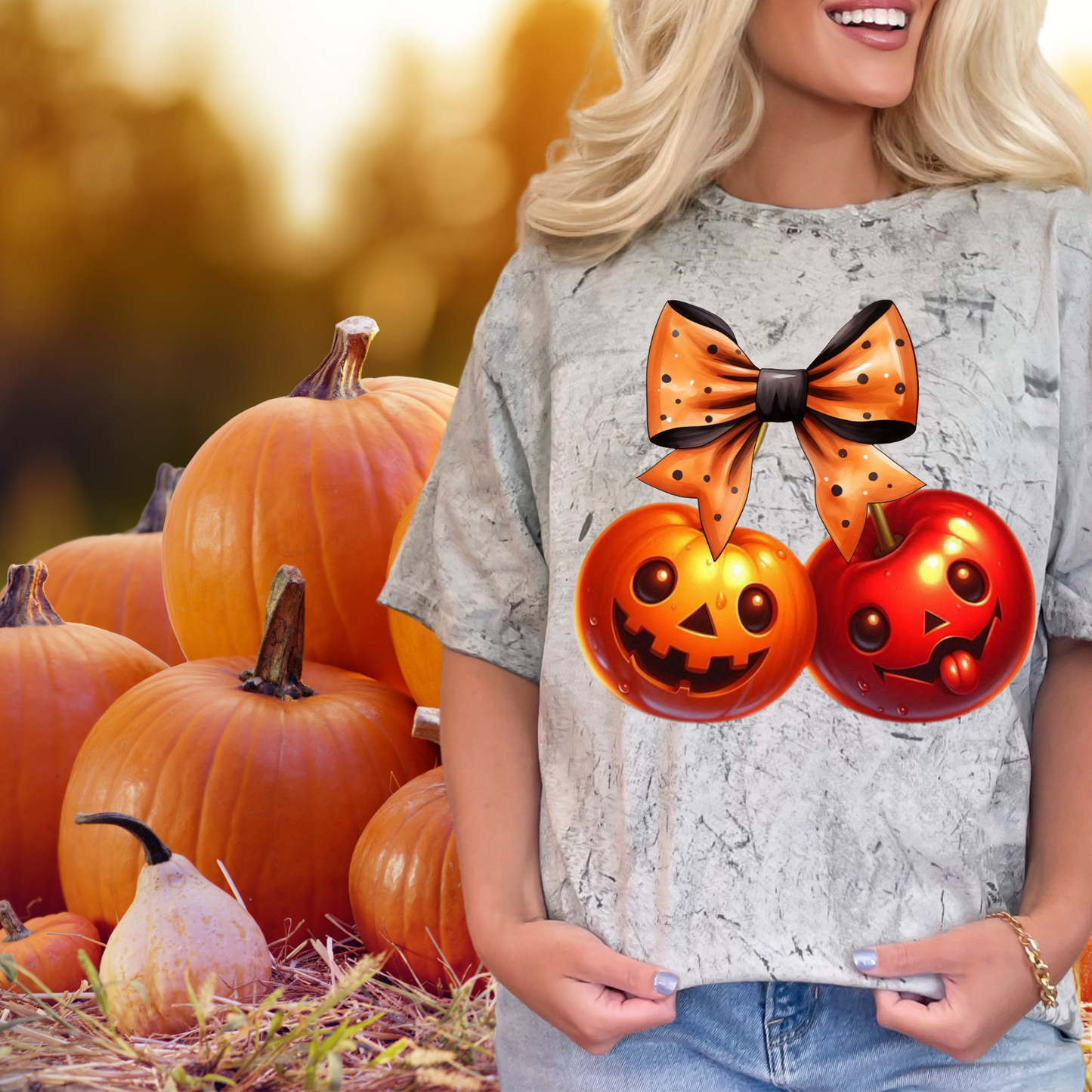 Cherries with pumpkin faces one sticking tongue out| fall Bows and cherries for fall | Direct to film transfer | DTF