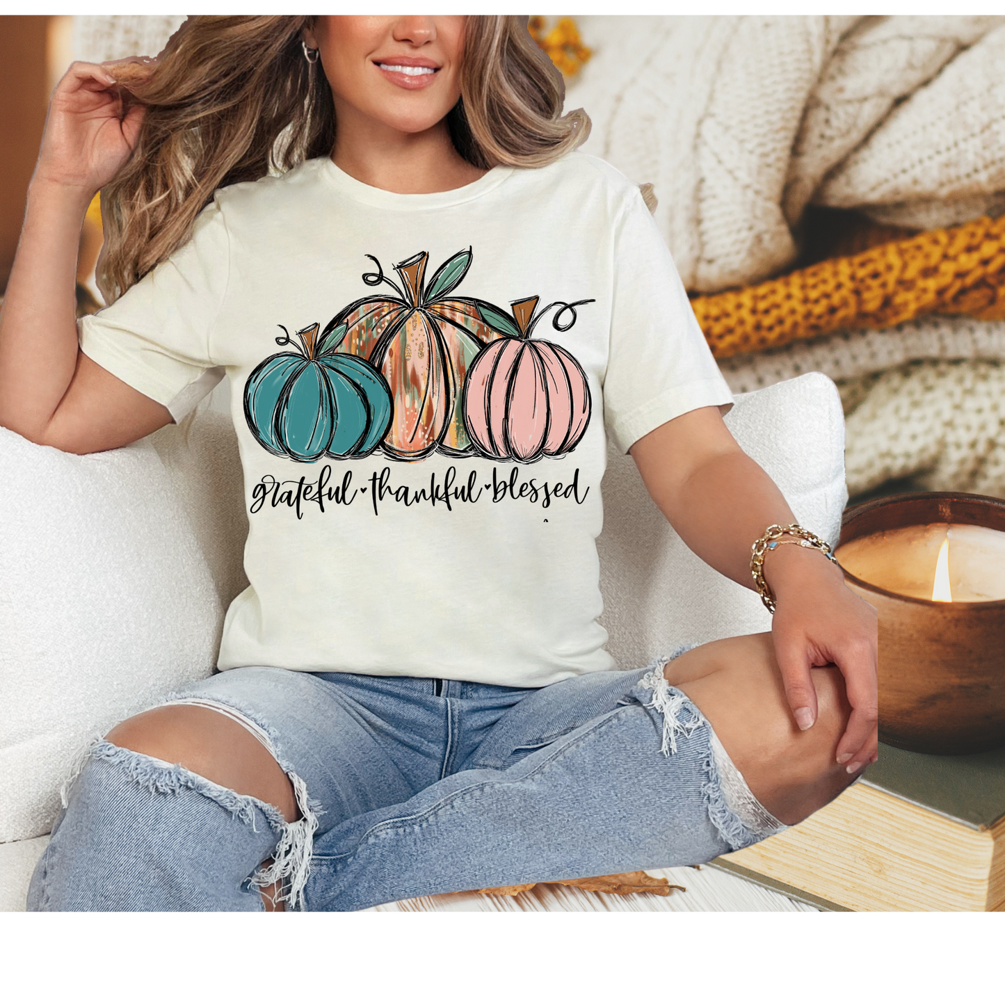 T-SHIRT | Fall pumpkins| Grateful Thankful Blessed | Natural cotton T-shirt | Taye's Treats