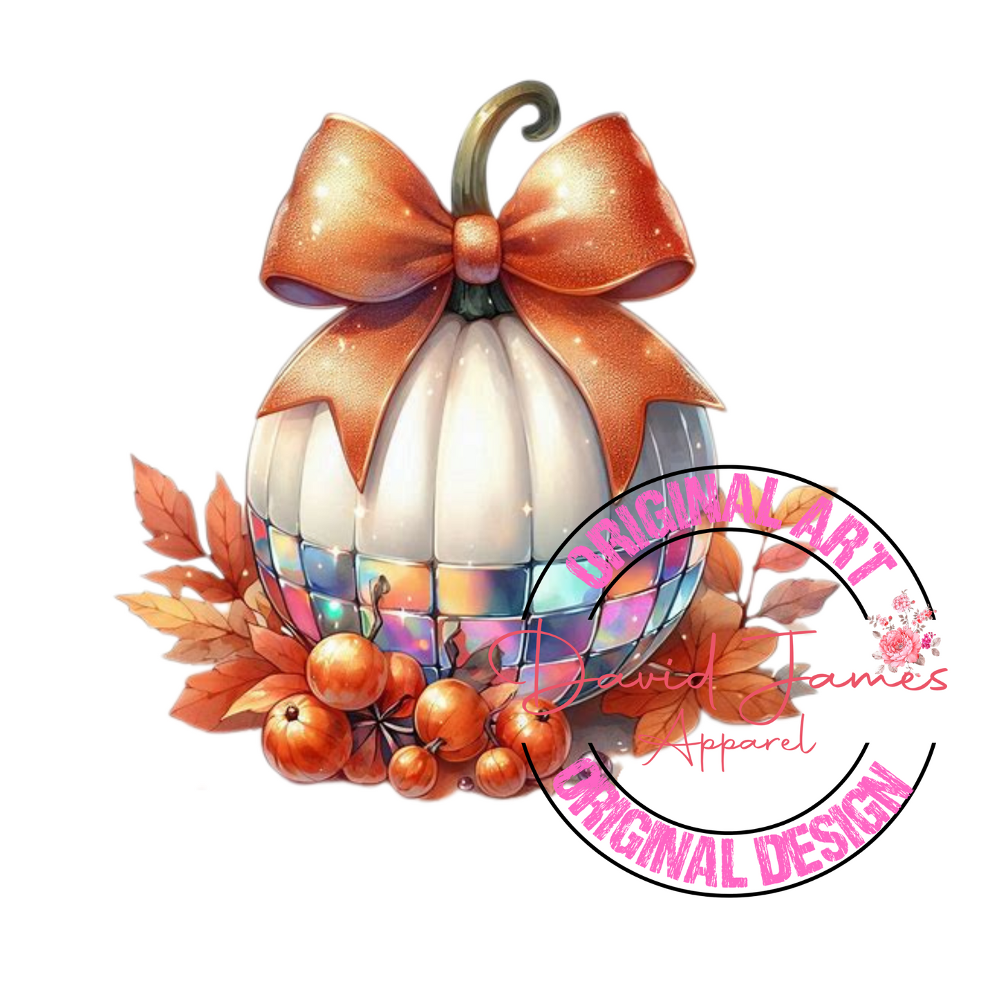 DIGITAL  DOWNLOAD PNG | Disco ball Pumpkins | Fall disco Pumpkin | half white half disco orange bow