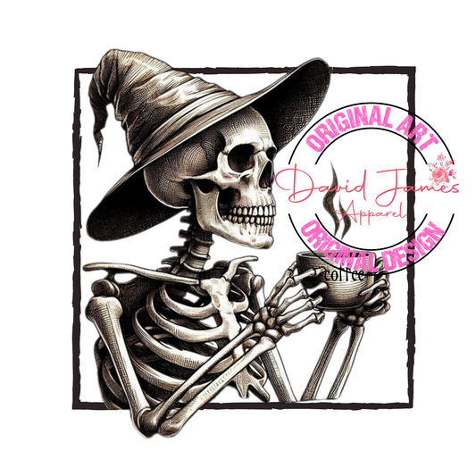 DIGITAL  DOWNLOAD PNG |witch drinking coffee | coffee | Black and white skeleton sketch