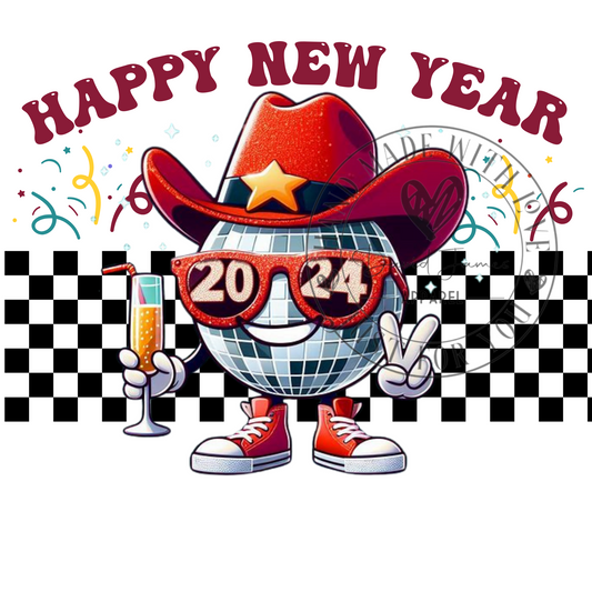 DIGITAL DOWNLOAD PNG| Happy New Year 2024| red cowboy hat with star| Retro