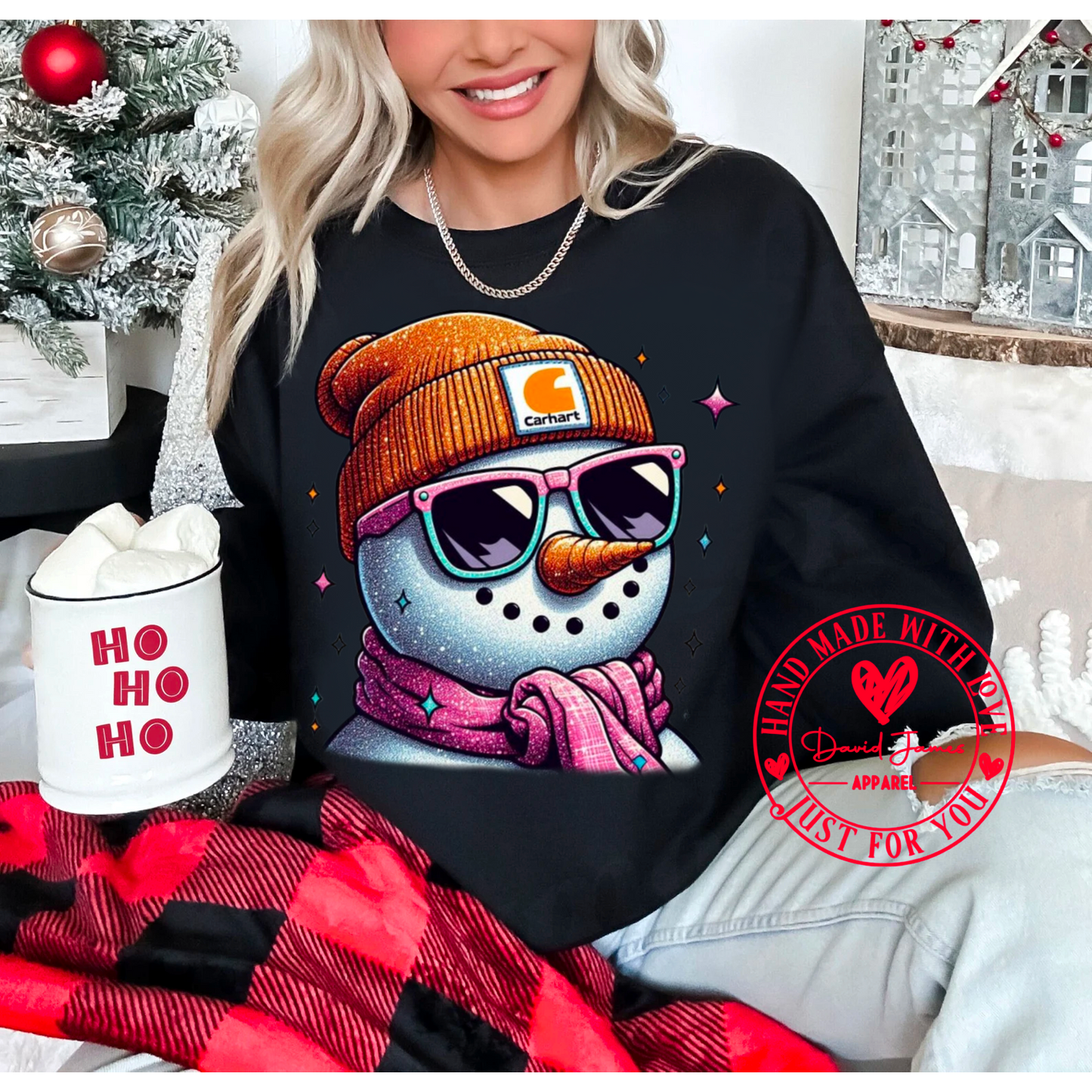 Glitter frosty the snowman wearing glasses and Carhart beanie | Direct to film transfer |DTF