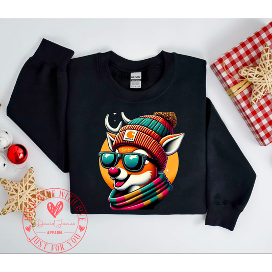 Retro Rudolph the redness reindeer wearing sunglasses and Carhart beanie | Direct to film transfer |DTF