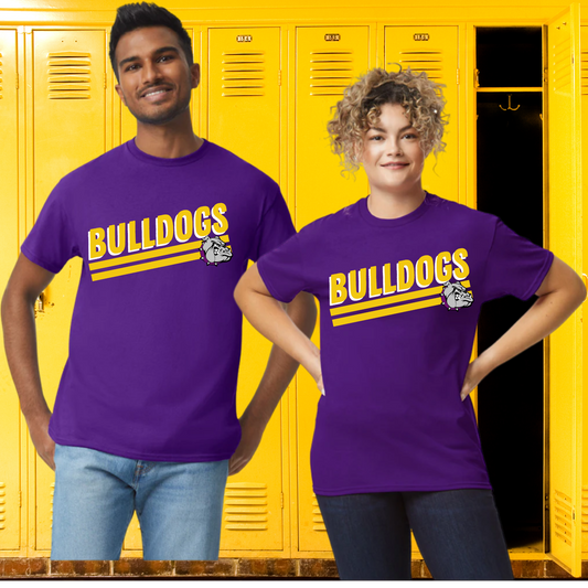 BULLDOG GEAR | #1 "Bulldogs" yellow white outline w/ bulldog | PURPLE UNISEX T-SHIRT