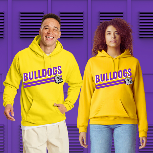 BULLDOG GEAR |#4  "Bulldogs" purple and white  | YELLOW HOODIE ADULT