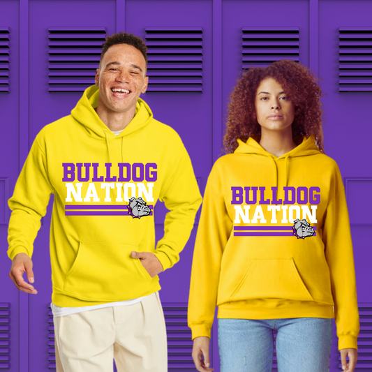 BULLDOG GEAR |# 8 "Bulldog Nation" purple and white  | YELLOW HOODIE ADULT