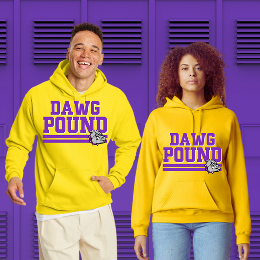 BULLDOG GEAR |# 12 "Dawg Pound" purple and white  | YELLOW HOODIE ADULT