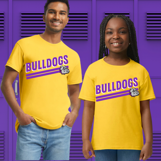 BULLDOG GEAR | #2 "Bulldogs" purple white outline w/ bulldog | YELLOW UNISEX T-SHIRT