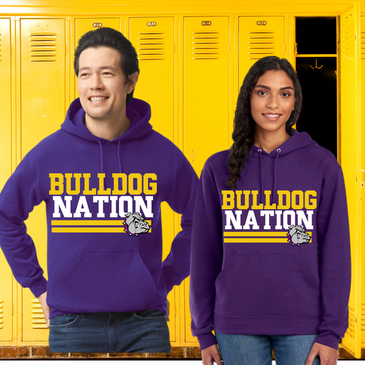 BULLDOG GEAR |# 7 "Bulldog Nation" yellow and white  | PURPLE HOODIE ADULT