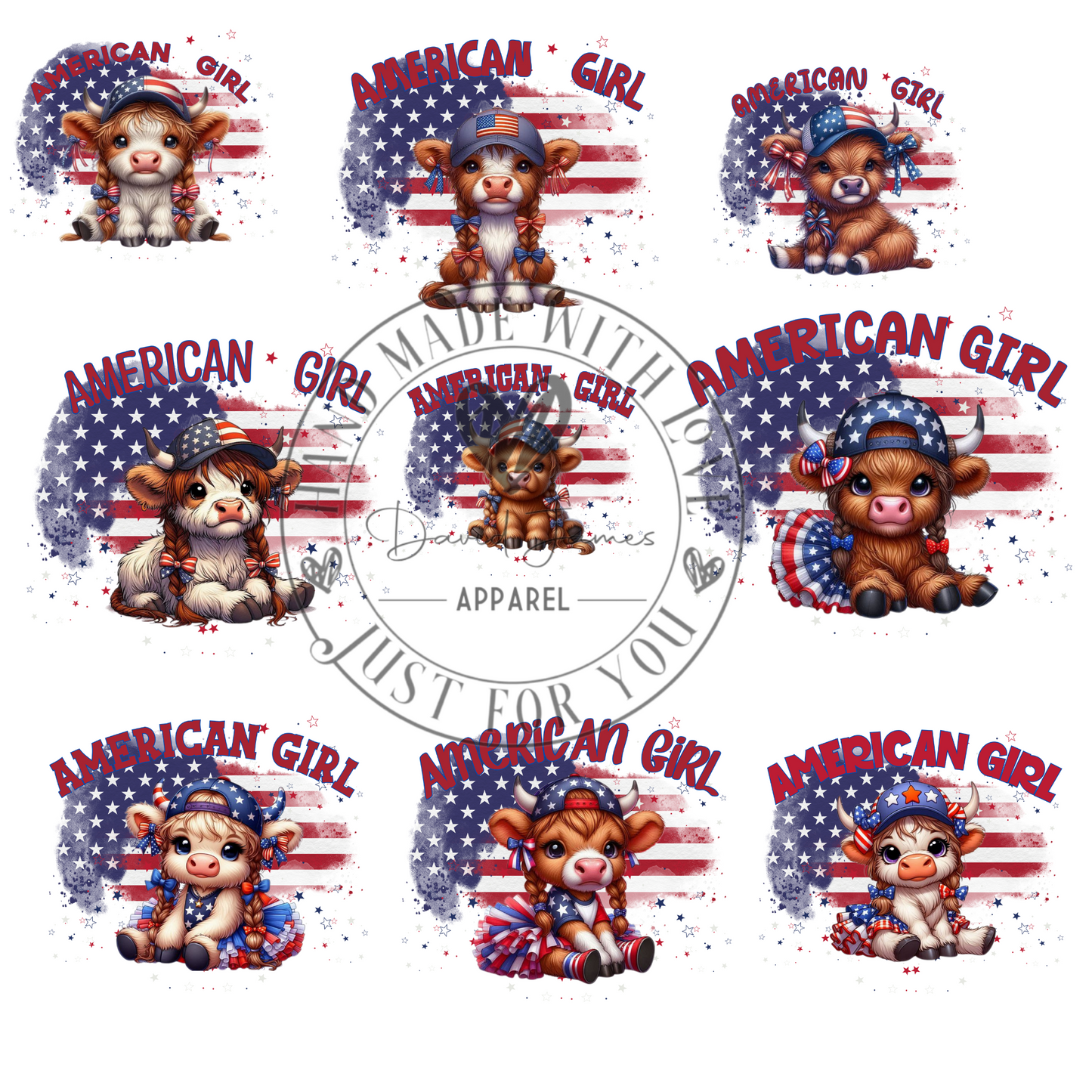 DIGITAL DOWNLOAD PNG | American Girl | highland cows | July 4 | American spirit