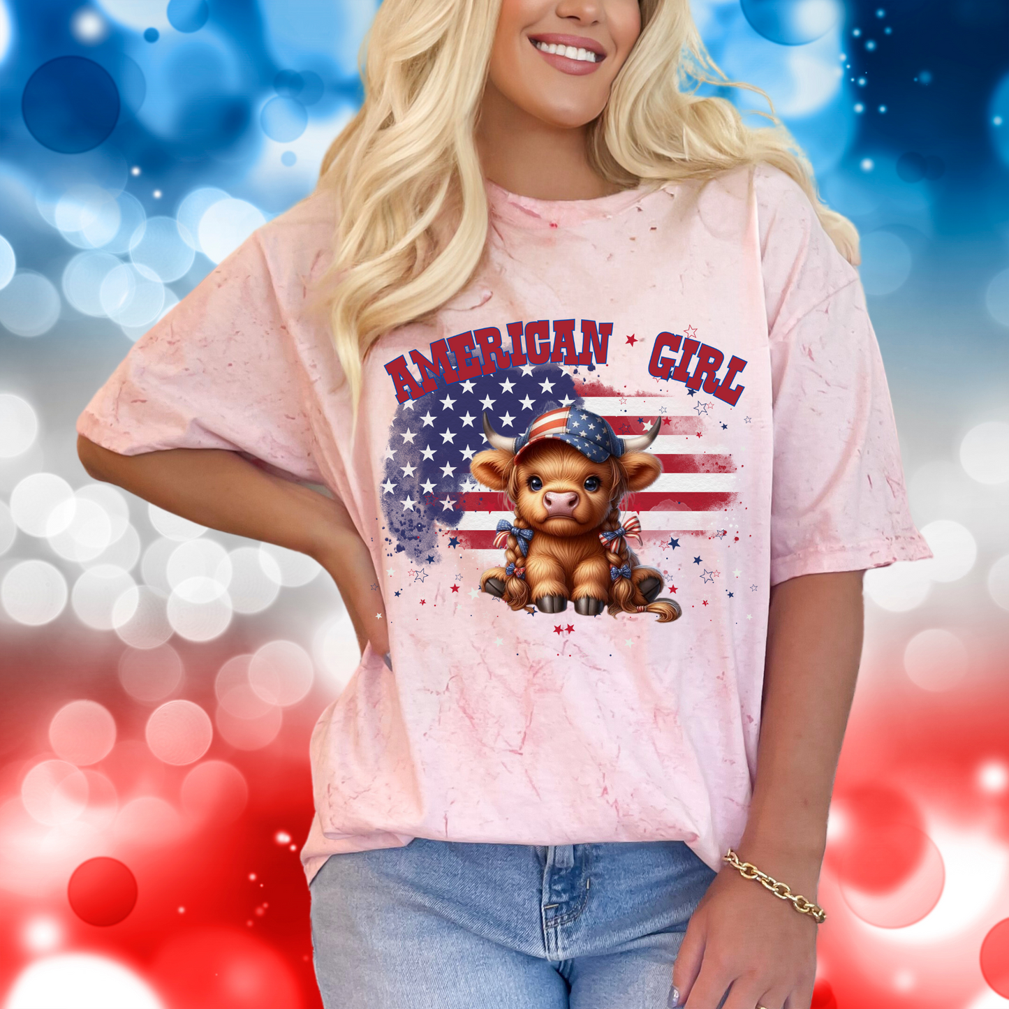 American Girl | Highland cow |all brown, bow braids | American flag on bill | Select your size | Direct to film Transfer