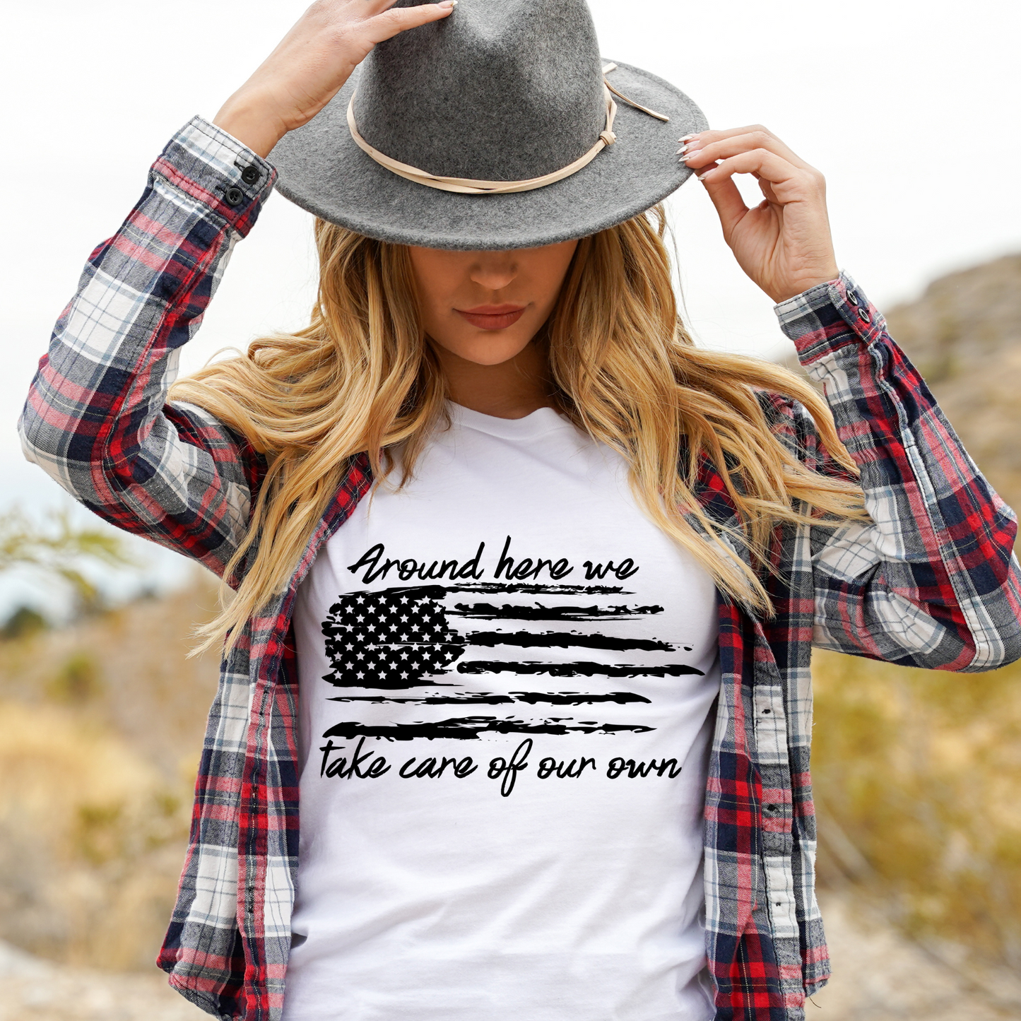 Around here we take care of our own | Rustic American flag |Jason Aldean |Screen Print Transfer