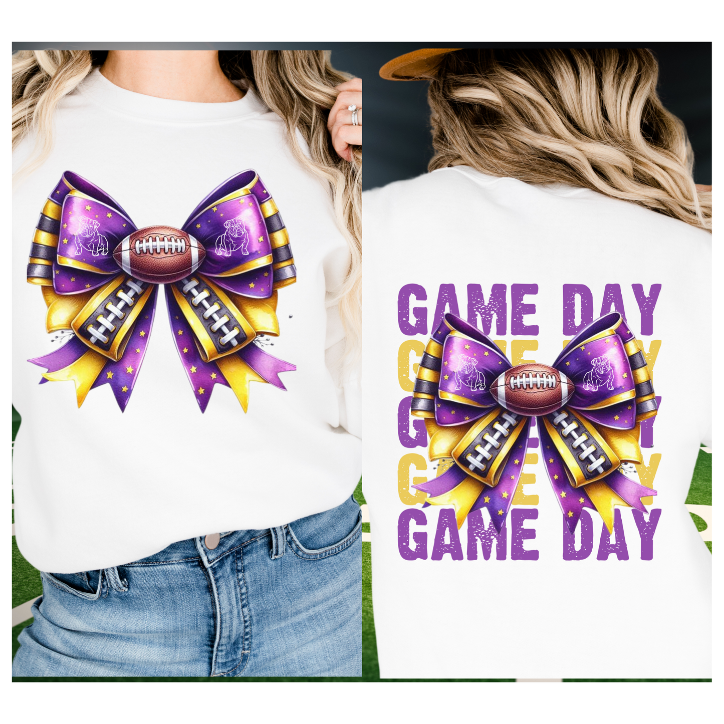 Purple and yellow bow OR Game Day with bow | Bulldog Football |Direct to film Transfer | DTF