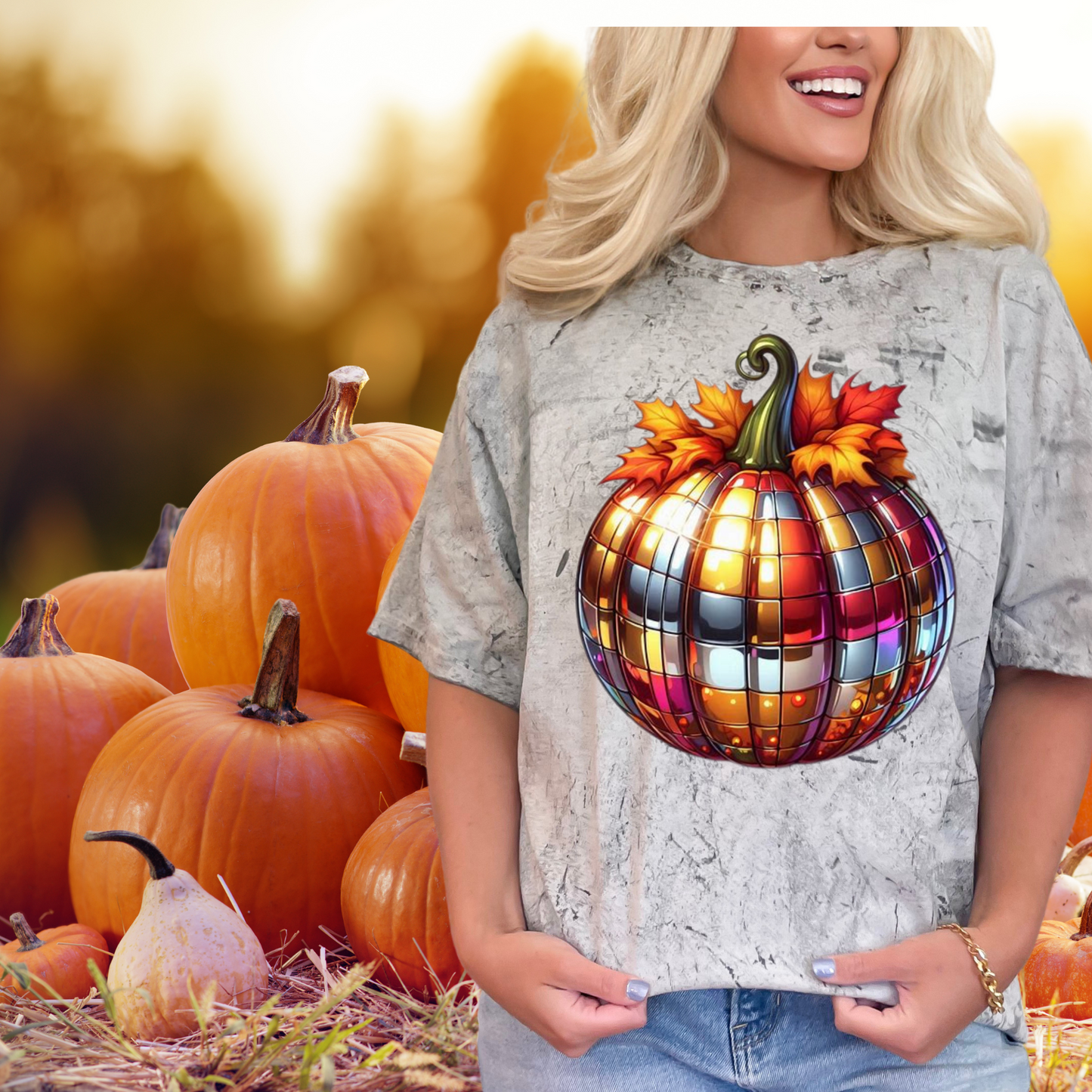 Disco ball Pumpkin | fall leaves and bows | Direct to film transfer | DTF