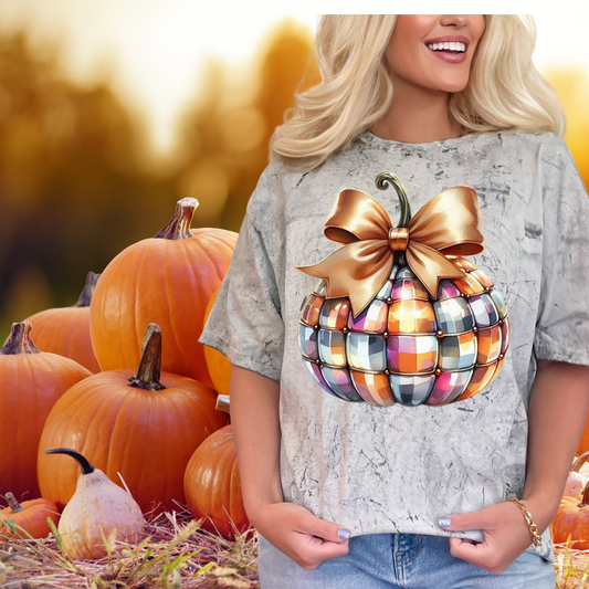 Disco ball Pumpkin | colorful and tan bow | Direct to film transfer | DTF