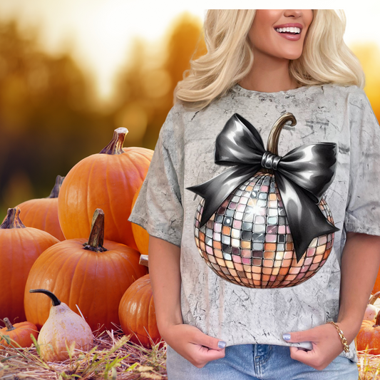 Disco ball Pumpkin | colorful and black bow | Direct to film transfer | DTF