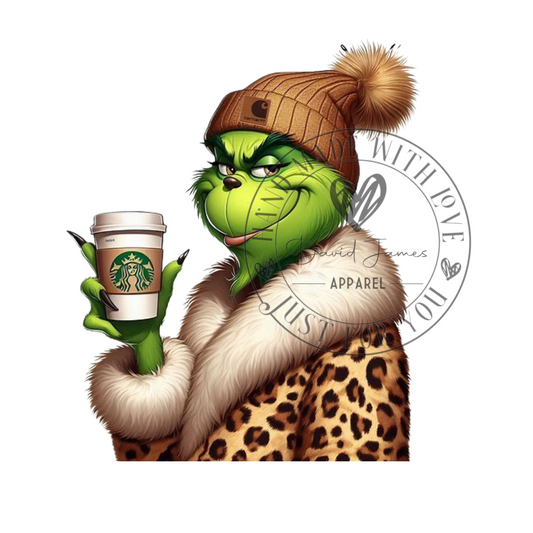DIGITAL DOWNLOAD PNG| Grinch holding Starbucks coffee| Leopard print