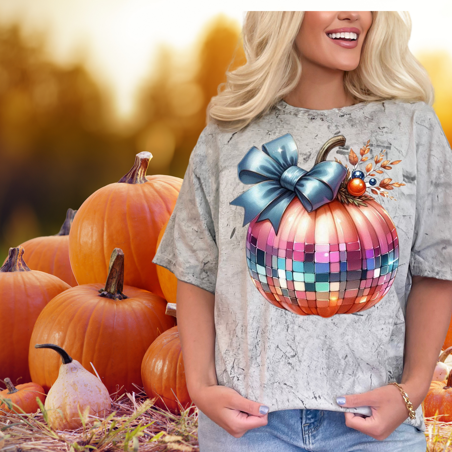 Disco ball Pumpkin | colorful, half orange pumpkin and blue bow | Direct to film transfer | DTF