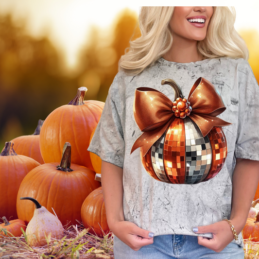 Disco ball Pumpkin | colorful, orange pumpkin and orange bow | Direct to film transfer | DTF