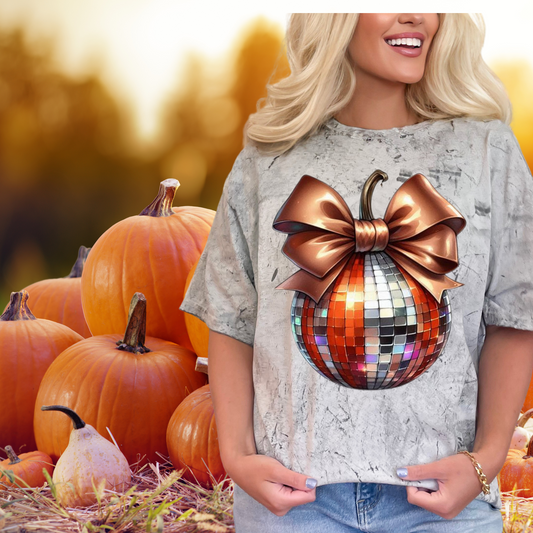 Disco ball Pumpkin | colorful, orange pumpkin and sparkle brown bow | Direct to film transfer | DTF