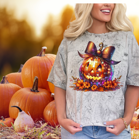 Disco ball Pumpkin with a face| colorful, orange pumpkin and sparkle brown bow | Direct to film transfer | DTF