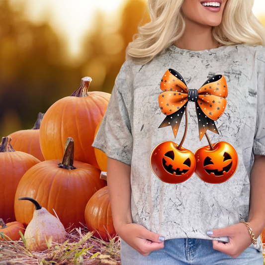 Cherries with pumpkin faces|  fall Bows and cherries for fall | Direct to film transfer | DTF