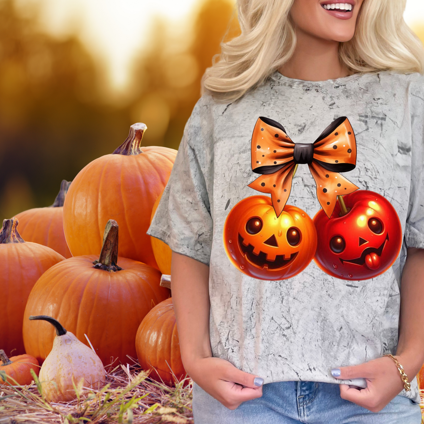 Cherries with pumpkin faces one sticking tongue out|  fall Bows and cherries for fall | Direct to film transfer | DTF