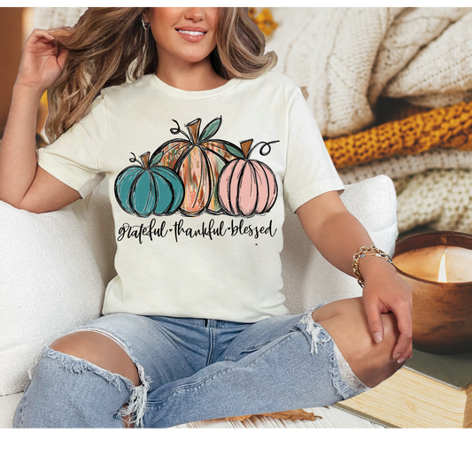 T-SHIRT | Fall pumpkins| Grateful Thankful Blessed | Natural cotton T-shirt | Taye's Treats