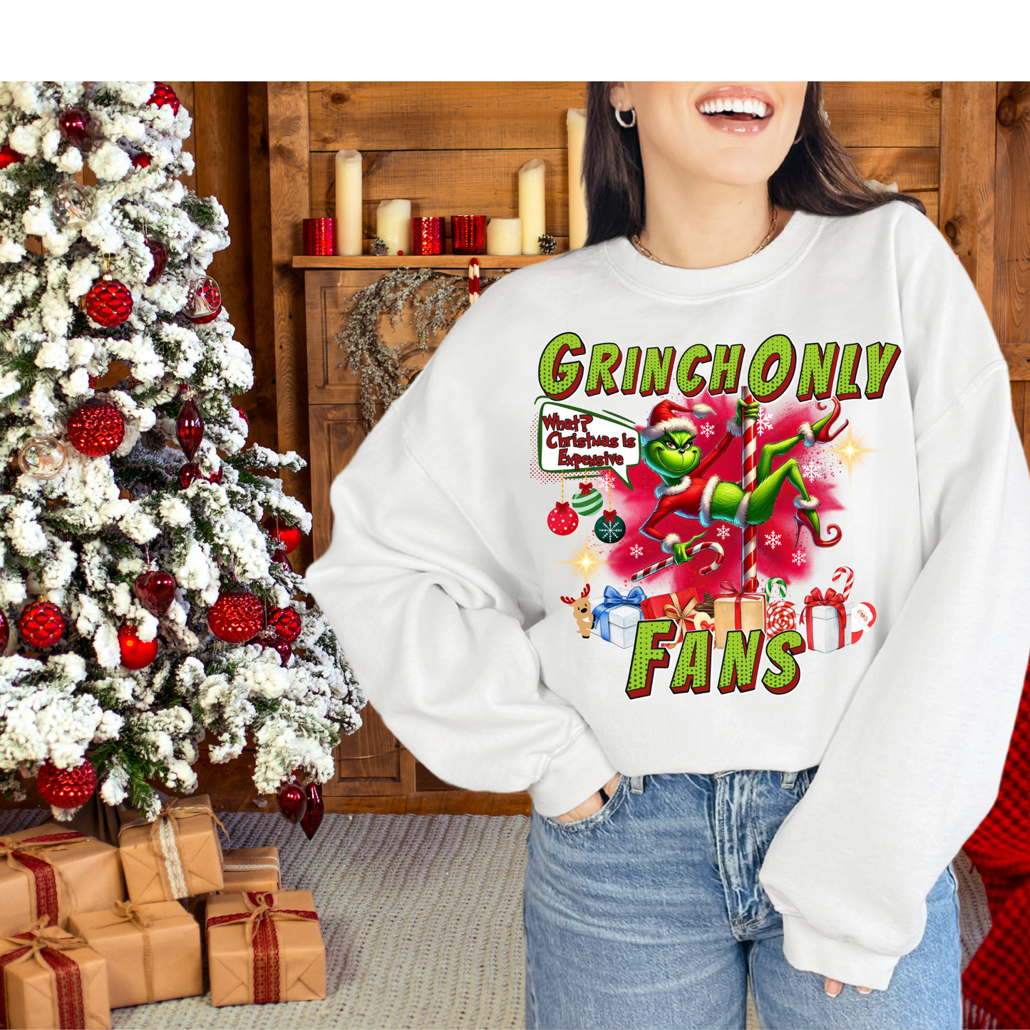 Grinch Only Fans| candy cane pole dancer | Crew neck white sweatshirt